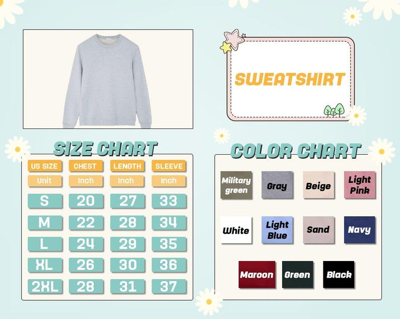 Puede incluir: Una sudadera gris claro con cuello redondo. La imagen incluye una tabla de tallas con medidas en pulgadas y una tabla de colores con opciones como gris, beige y marino. Se muestra el texto "SWEATSHIRT".