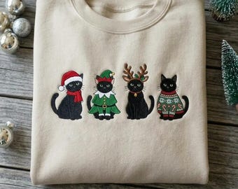 Black Cat Christmas Embroidered Sweatshirt, Christmas Cat Crewneck, Cat Lover Gift, Christmas Gift