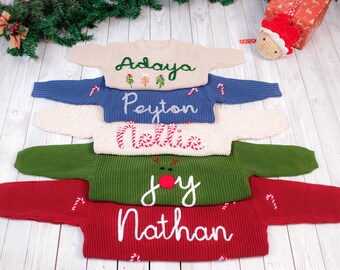 Benutzerdefinierte Hand bestickt Weihnachten Baby Pullover | Personalisierte Baumwolle stricken
