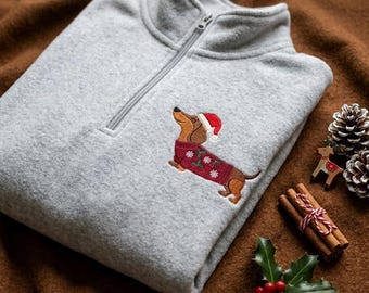 Christmas Dachshund Quarter Zip Sweatshirt, Embroidered Wiener Dog Pullover, Cute Holiday Dog Sweater, Cozy Winter Gift