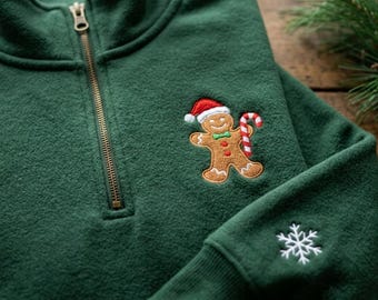 Gingerbread Christmas Embroidered Quarter Zip Sweatshirt, Christmas Cookie Crewneck, Matching Family Holiday Sweatshirt, Christmas Gift