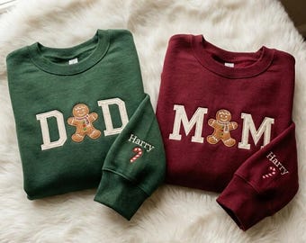 Personalized Christmas Sweatshirt, Embroidered Dad Mom Gingerbread Shirt, Matching Family Christmas Sweater, Custom Name Sleeve Gift