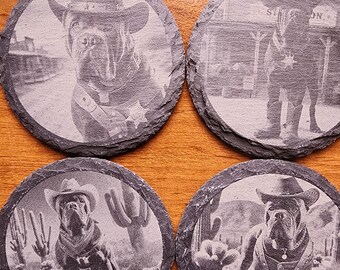 Western Cowboy Cane Corso Coasters – Custom Slate Dog Lover Gift (Set of 4)