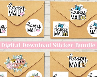 Printable Happy Mail Stickers Bundle, Spring Happy Mail Stickers SVG Set, Bumblebee Stickers, Butterfly Happy Mail PNG, DIY Packaging