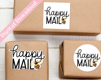 Printable Happy Mail Sticker, Bumblebee Sticker SVG,  Happy Mail Stickers PNG, DIY Packaging, Invite Envelope Decorations