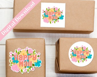 Printable Happy Mail Stickers, Small Business Packaging, Envelope Stickers, Pen Pal Stationery, Invite Envelope Sticker