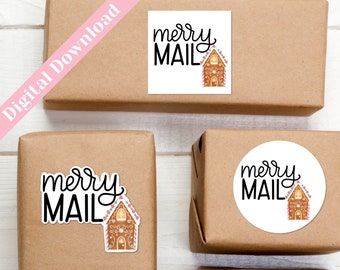 Printable Merry Mail Stickers, Gingerbread House Design, Christmas Cut Files, Holiday Card Ideas, Merry Mail Templates, Holiday Invites
