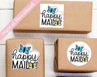 Printable Happy Mail Sticker, ButterflySticker SVG,  Happy Mail Stickers PNG, DIY Packaging, Invite Envelope Decorations