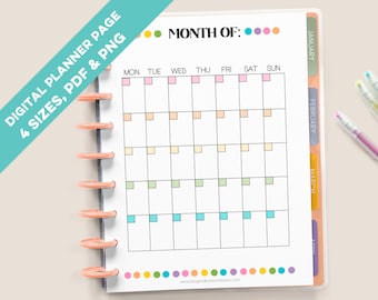 Printable Monthly Planner Page,  Digital Planner Template, Appointment Planner, Instant Download, Month Organizer, Rainbow Dots