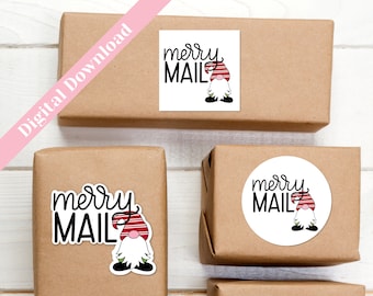 Merry Mail Printable Packaging Stickers, Printable Holiday Seals for Holiday Cards and Letters, Envelope Stickers for Christmas, Gnome