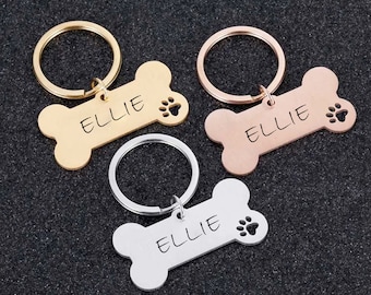 Placa de identificación personalizada con forma de hueso para collar, placa de identificación personalizada, placa de identificación personalizada para mascota, placa de identificación grabada con nombre estampado en la parte delantera y trasera.