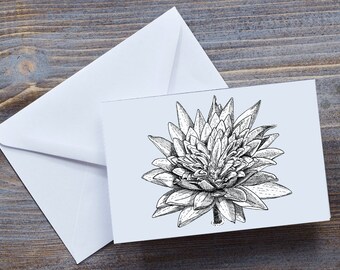 Greeting Card-Water Lily Bloom | July Birth Flower | Hand drawn line art | Blank inside | Envelope | Eco-friendly materials