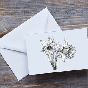 Tarjeta de felicitación-Flor de narciso / Flor de nacimiento de marzo / Arte lineal dibujado a mano / Interior en blanco / Sobre / Materiales ecológicos