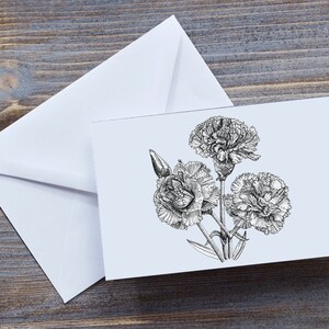 Tarjeta de felicitación: Flor de clavel, Flor de nacimiento de enero, Arte lineal dibujado a mano, Interior en blanco, Sobre, Materiales ecológicos