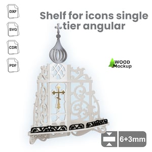May include: White wooden shelf with intricate cutouts and a gold cross, designed for displaying icons. The shelf is angled and has a single tier. The text "Shelf for icons single +tier angular" and "6+3mm" are visible in the image.