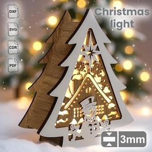 Christmas Laser Cut Kit – 3D Tree with Cottage, Snowman | SVG/DXF for DIY Holiday Decor & Led Night Light