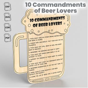 May include: A wooden sign shaped like a beer mug with the text "10 Commandments of Beer Lovers" and a list of 10 rules for beer lovers.