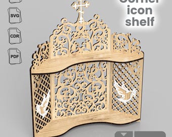 Puede incluir: Una estantería de esquina de madera con una cruz en la parte superior y recortes intrincados. La estantería tiene dos estantes y está decorada con palomas blancas. La estantería tiene 15,24 cm de alto y 3 mm de grosor. Estantería de icono de esquina.