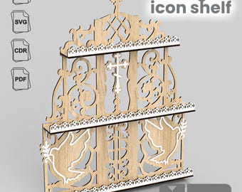 Puede incluir: Una estantería de iconos de madera con un diseño decorativo que presenta palomas, cruces y volutas intrincadas. La estantería tiene dos niveles y tiene un grosor de 6+3 mm.