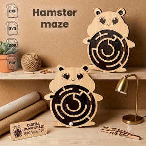 File di taglio laser SVG DXF per labirinto di biglie con criceto, modello di labirinto in legno, simpatico gioco di equilibrio con animali SVG per Glowforge xTool, download digitale