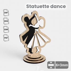 May include: Wooden cutout of a couple dancing, the man in black and the woman in white, on a two-tiered base. The cutout is 6 inches tall and 3 millimeters thick. The image includes the file types available for download: DXF, SVG, CDR, and PDF.