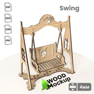 Op de afbeelding: Houten schommelset met een eenhoornontwerp op de zitting. De schommel is gemaakt van 4 mm dik hout en heeft een hart- en pootprintontwerp aan de bovenkant. De schommel is gelabeld met "WOOD MOCKUP" en "4MM".