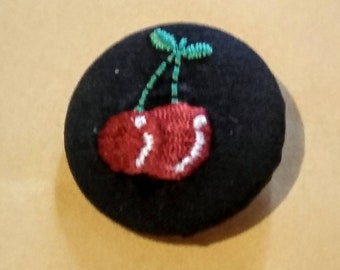 Cherry/ cherries vintage repurposed, 100% cotton covered embroidered fabric sewing button fruit. MSM style  #45 =  1 1/8" (28 mm) button