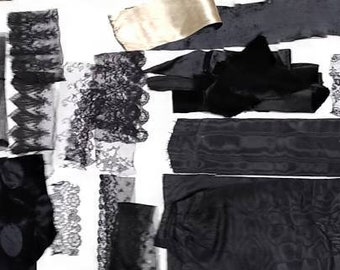 Lot of black Victorian to Art Deco laces, trims and fabric swatches recycled from 1900-1920s garments