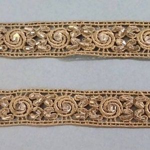 Vintage golden fabric lace trim with glass bugle beads and sequins. cut in 1 yard lengths. Era: Turn of the century zdjęcie 1