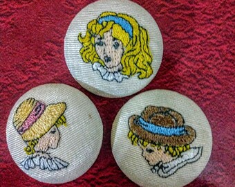 Vintage 2001 embroidered sewing buttons artist: Luella Hershberger of a Kate Greenaway characters buy 1 or buy 3