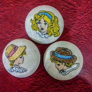 Vintage 2001 embroidered sewing buttons artist: Luella Hershberger of a Kate Greenaway characters buy 1 or buy 3 image 1