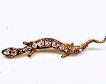 Antique 1900- 1930s Brass and Rhinestone lizard pin with "C" clasp