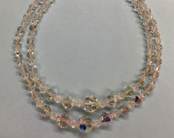 Vintage 1950s mid-century Aurora Borealis (AB) finish 2-strand crystal faceted beaded necklace, choker style
