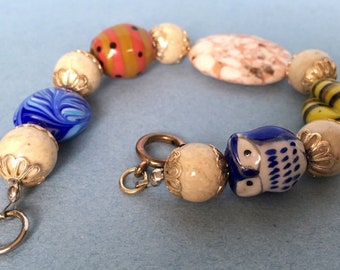 Chunky beaded owl bracelet vintage beads handcrafted