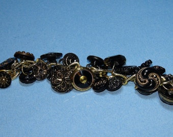Custom designed OOAK Victorian jet black & gold incised glass button charm bracelet