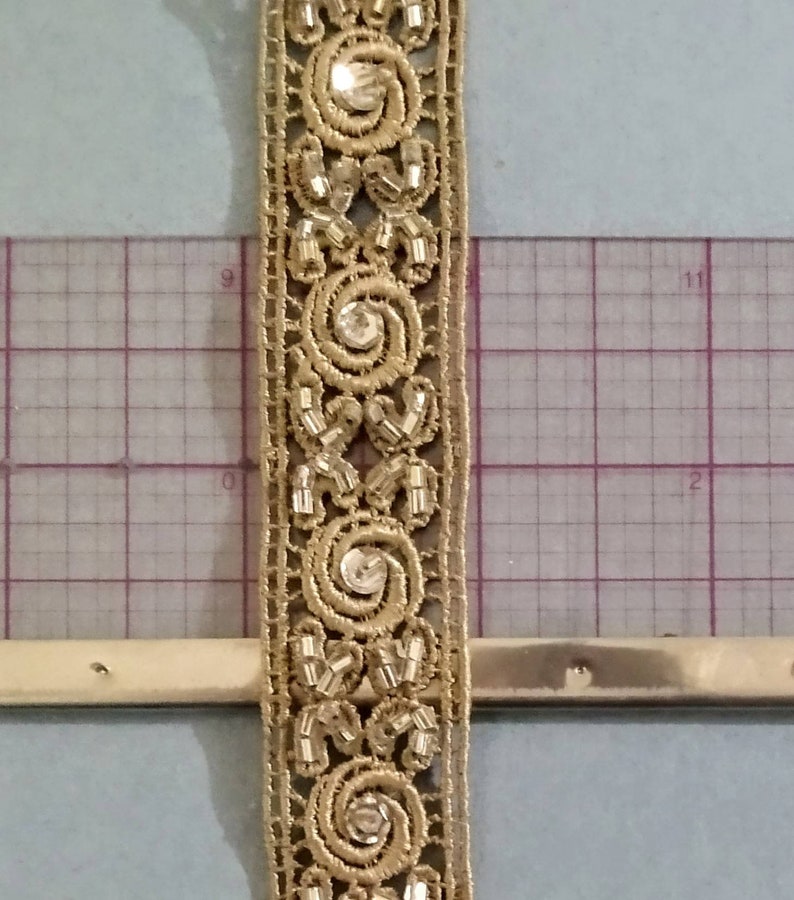 Vintage golden fabric lace trim with glass bugle beads and sequins. cut in 1 yard lengths. Era: Turn of the century zdjęcie 2