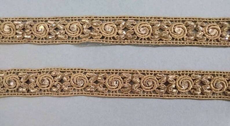 Vintage golden fabric lace trim with glass bugle beads and sequins. cut in 1 yard lengths. Era: Turn of the century zdjęcie 1