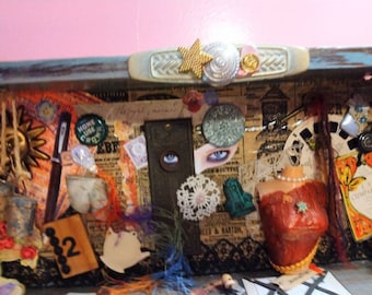 OOAK altered art assemblage diorama shadow box in distressed vintage wooden drawer