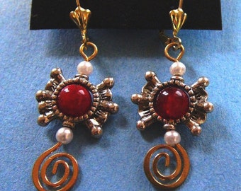 Starburst red glass vintage beads and tiny white pearl earrings