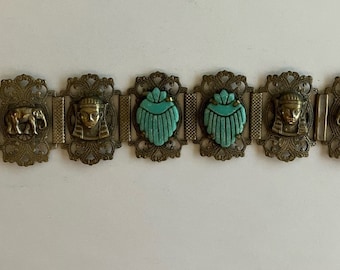 Vintage 1920s silver-tone and faux-turquoise Egyptian revival bracelet souvenir.