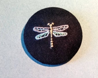 Dragonfly- vintage embroidered fabric covered buttons Sizes: #60 and #75