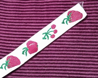 MCM mid-century modern 1960s fabric trim ribbon fruit motif. Strawberry, Apple, cherries. 4 yds