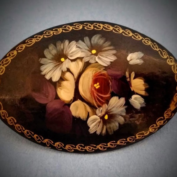 1940s antique Zhostovo hand painted Russian lacquered floral brooch