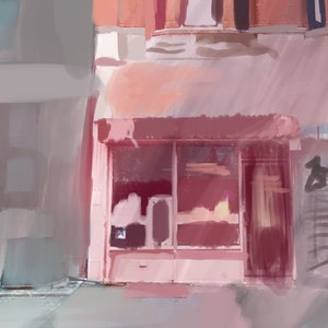 May include: A pink shopfront with a large window display. The shopfront is located on a city street with other buildings in the background.