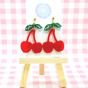 Cherry Earrings, Dangly Red Cherry Earrings, Fruit Earrings, Spring Earrings, Food Earrings