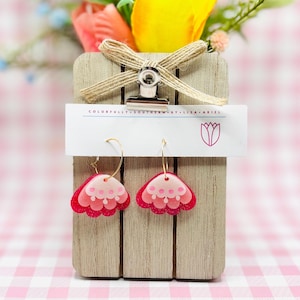 Pink Flower Hoop Earrings, Dangly Flower Jewelry, Spring Earrings, Layered Flower Earrings, Pink Floral Hoops, Easter Flower Earrings