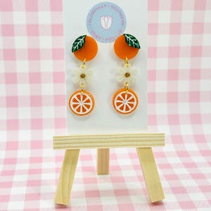 Dangly Orange and Flower Fruit Earrings, Orange Earrings, Fruit Earrings, Food Earrings, Spring Fruit and Floral Earrings, Statement Earring