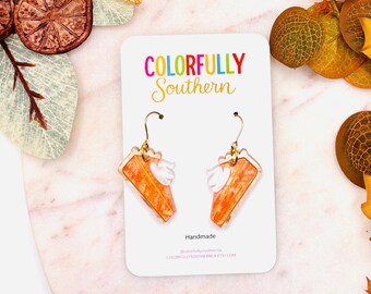 May include: A pair of dangle earrings shaped like slices of orange pumpkin pie with white whipped cream dollops, attached to gold-toned metal hooks. The earrings are displayed on a white card featuring the text Colorfully Southern.