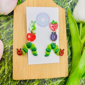 Dangly Caterpillar Fruit Earrings, Hungry Caterpillar Fruit Earrings, Teacher Earrings, School Earrings, Book Lover Librarian Earrings