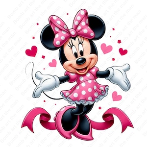 Puede incluir: Una ilustraci&oacute;n de dibujos animados de Minnie Mouse con un vestido rosa de lunares y un lazo rosa. Ella sonr&iacute;e y tiene los brazos extendidos. El fondo es blanco con corazones rosas y una cinta rosa.